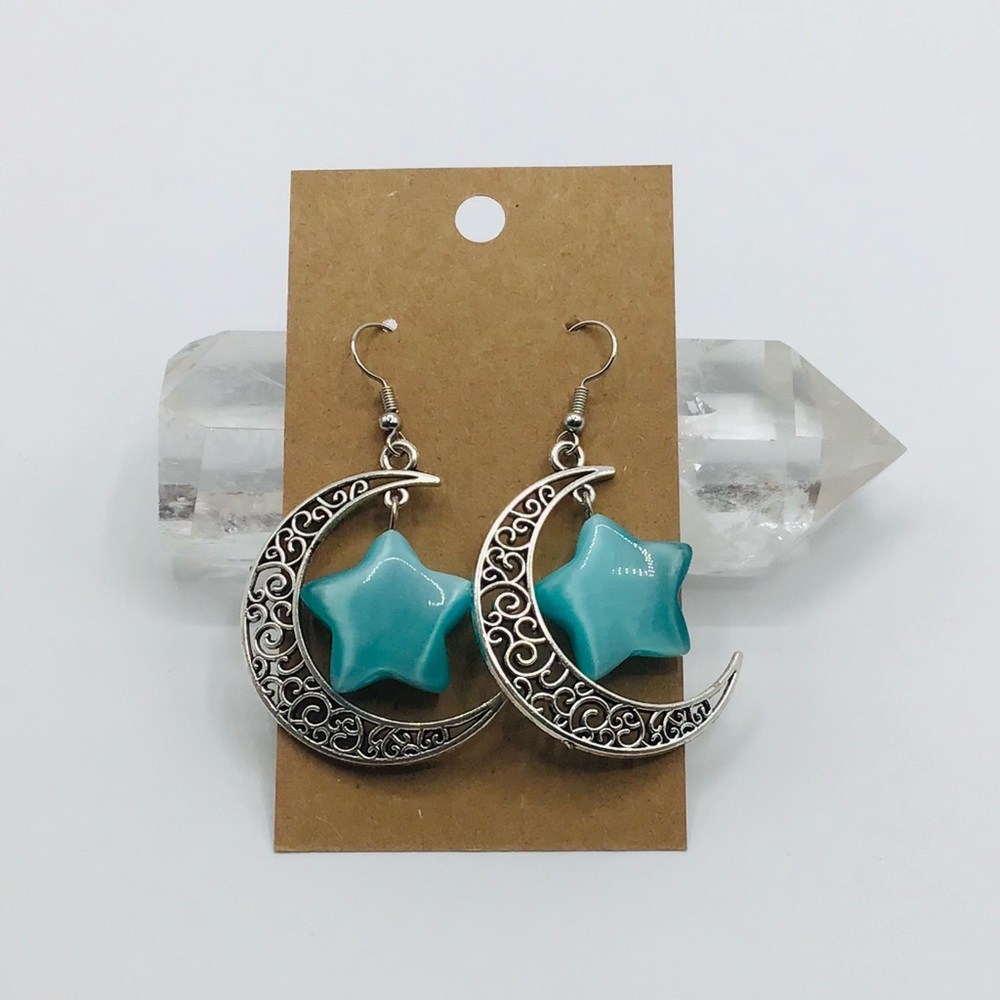 NEW Earrings Boho Crescent Moon Star Teal Blue Silver Tone